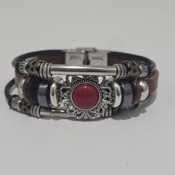 Leather Bracelet With Stainless Steel Brooch 