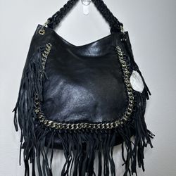 NWT Michael Kors Vienna Hobo Bag Purse Black Leather Fringe Gold Hardware