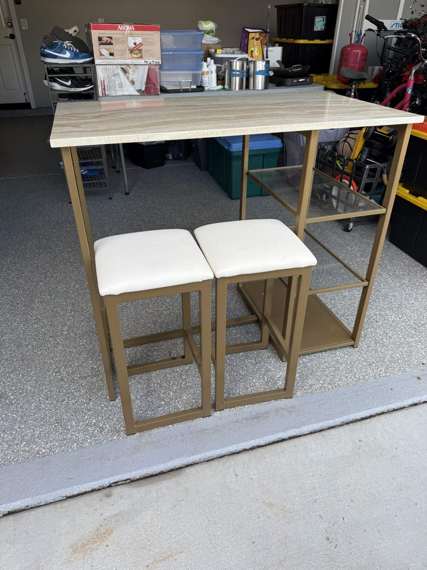 Small Table And Matching Stools With 2 Shelves