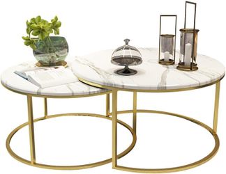 Coffee Table Marble Nesting End Tables, White, Set of 2, Coffee Tables for Small Space/Apartment/Home Living Room,70cm+50cm Side Table Home Decor