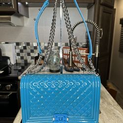 Chanel Leboi Patent  Boy Flap Bag Quilted Flexiglass New Medium In Blue