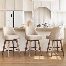 Counter Height Bar Stools,Sand-Colored Linen Comfort Fabric Bar Stool Set of 3，360° Swivel Counter Height Stools Solid Wood Legs,27'' Barstools with C