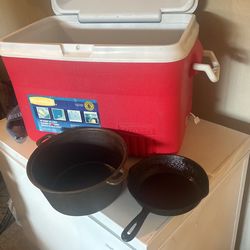 Ice Chest And Cast Iron Pans