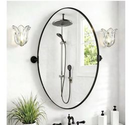 Oval Mirrors for Bathroom 24x36 Inch Adjustable Tilting Pivot Design, Shatter-Resistant Glass Mirror for Vanity/Over Sink - Sleek Black Metal Frame, S