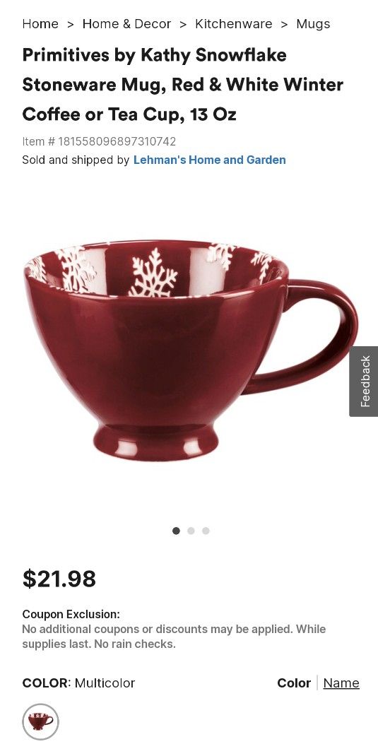 Primitives by Kathy Snowflake Stoneware Mug, Red & White Winter Coffee or Tea Cup, 13 Oz