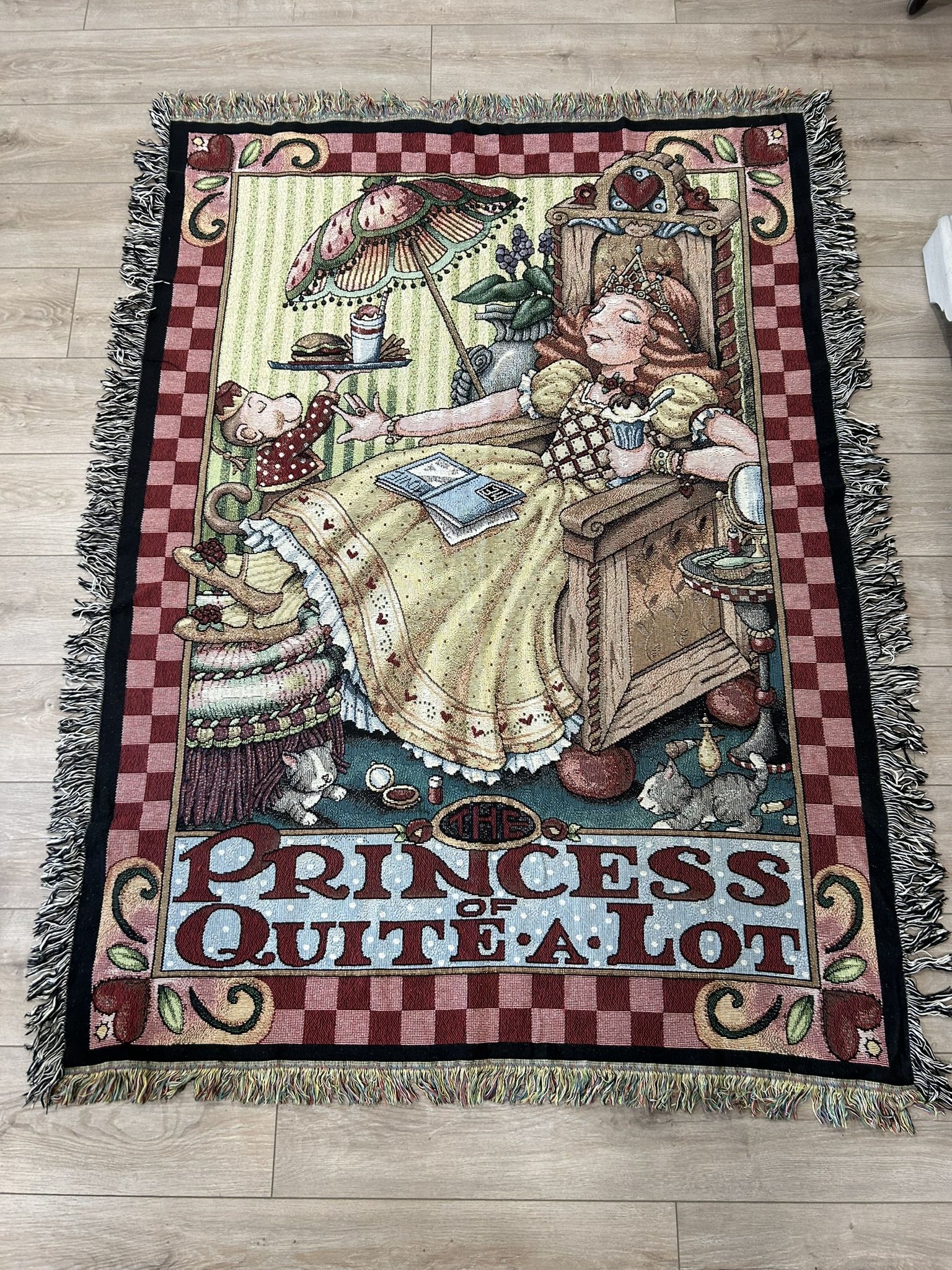 Mary Engelbreit's “Princess of Quite a Lot” Tapestry Throw Blanket - Princess / Cats/ Monkey