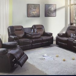 Large Soft Leather Fully Reclining Three Piece Couch Set 