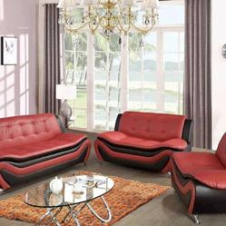 Red Leather Three Piece Couch Set