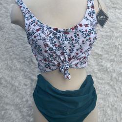 Zaful Floral Knot Front top full bikini set - White and blue size Large New 
