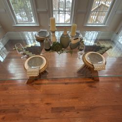 Title: Modern Glam Glass Dining Table – Sculptural Gold Zig-Zag Base