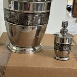 Chrome Bathroom Garbage Can And Soap Dispenser 