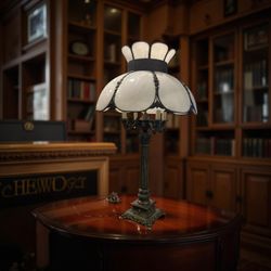 Vintage Underwriters Labs Brass Milk Glass Table Lamp Oil Lamp Style 