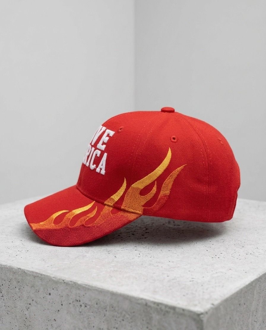 Embroidered "Save America" Red Baseball Cap with Flame Graphics
