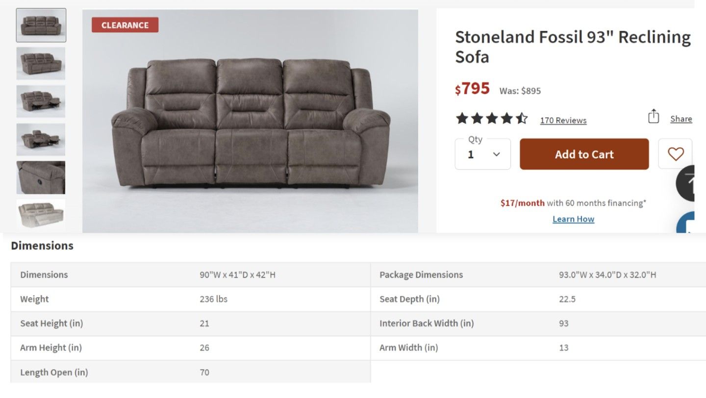 Stoneland Fossil Reclining Sofa, Good Condition