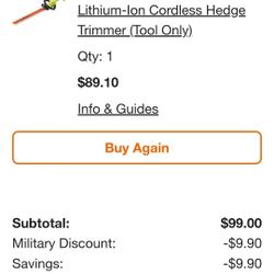 22"inch Ryobi hedge trimmer 