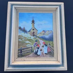 Vintage Alpine Oil Painting 11x14 Children Church Mountain Scene Framed
