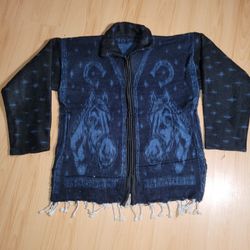 Mexican Serape Pancho Blanket Jacket with Fringe Blue And Black Large 