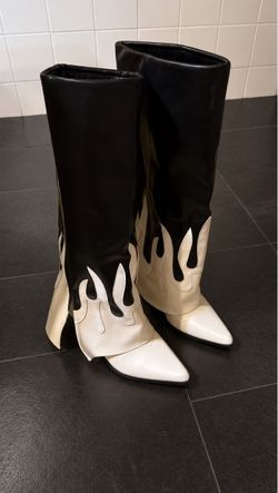 Black & White Flame Knee High Western Boots Pointed Toe