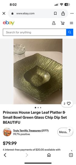 Like New Princess House Large Leaf Platter & Small Bowl Green Glass Chip Dip Set