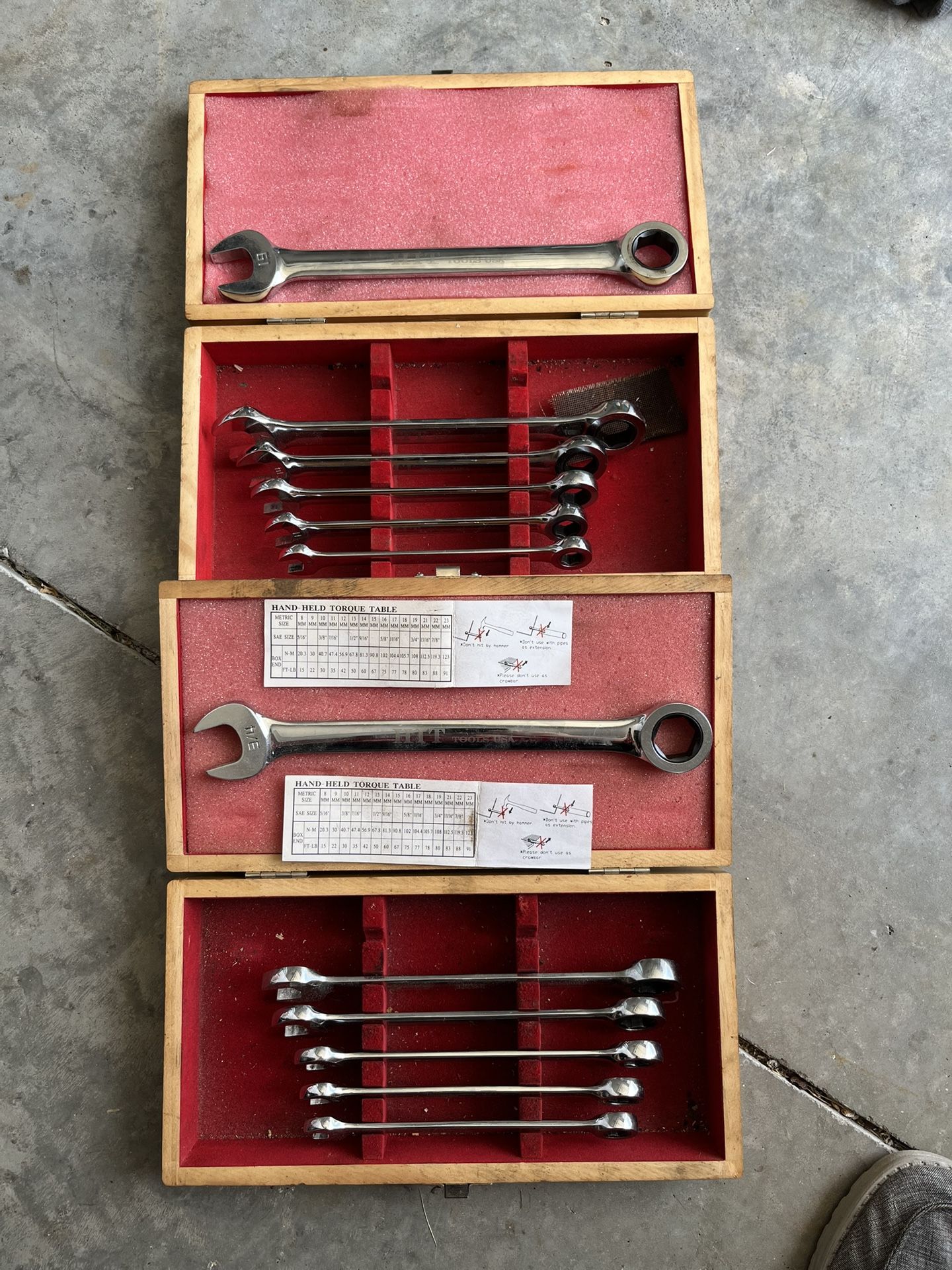 12 Gearless Wrenches. 6 Standard & 6 Metrics. $50 Each Box Or Both For $80.