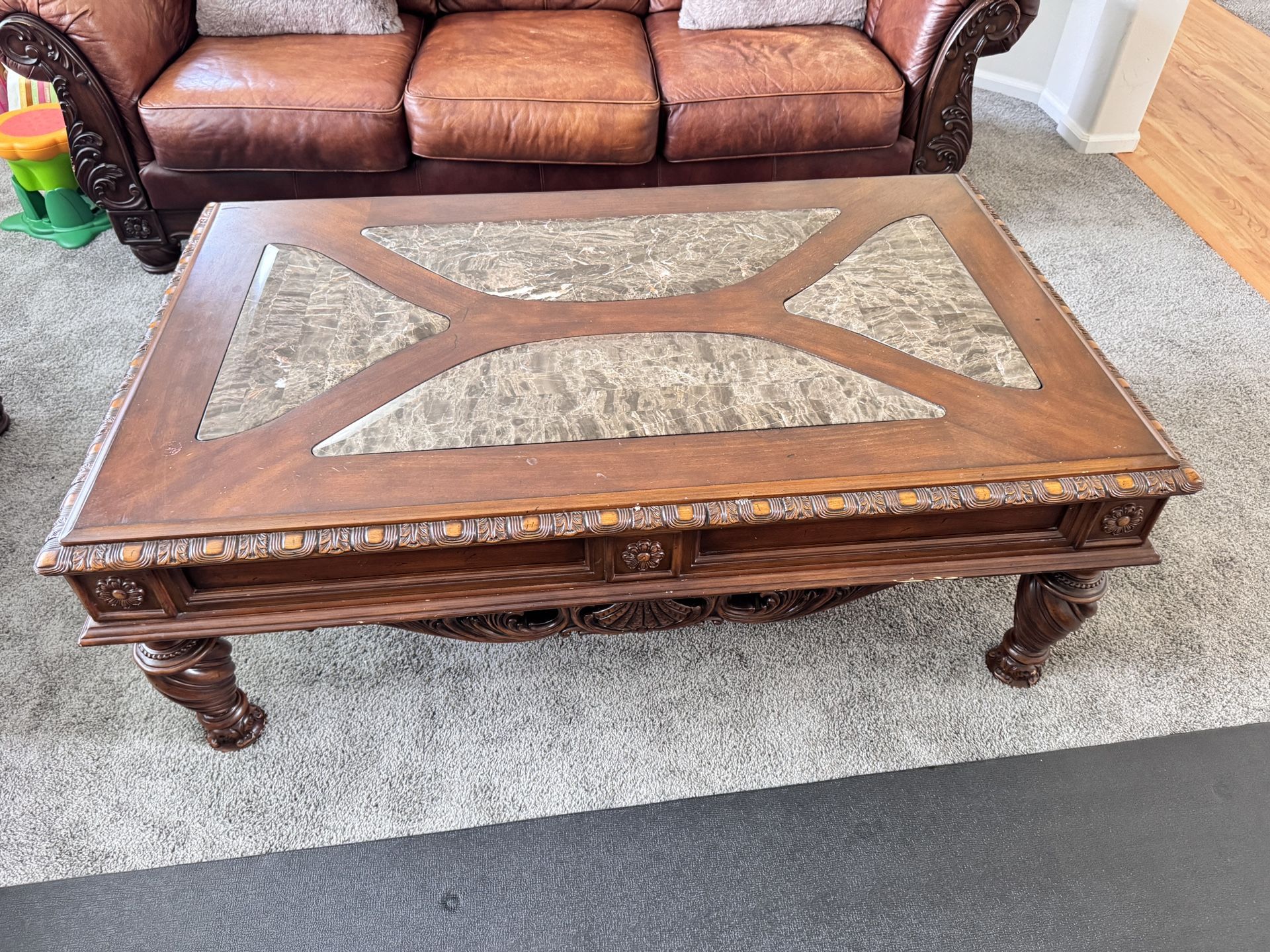 Luxury Carved Wood Leather Sofa Set + Marble Coffee Table