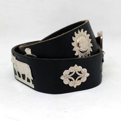 New rare Etro Designer Belt Black Leather with White Metal Ethno Decor Made in Switzerland men's 42