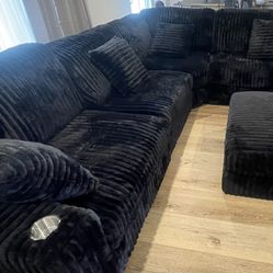 Black Sectional Sofa With Soft Fur Like Corduroy Fabric