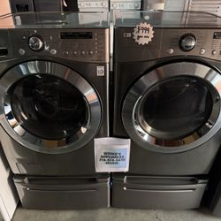FRONT LOAD LG WASHER & GAS DRYER WITH PEDESTALS 
