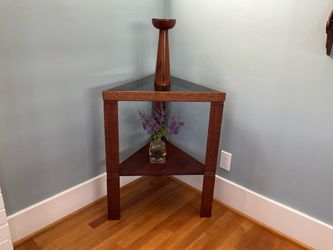 Vintage / MCM / Art Deco Two-tiered Walnut Triangular Corner Table w / Glass Top