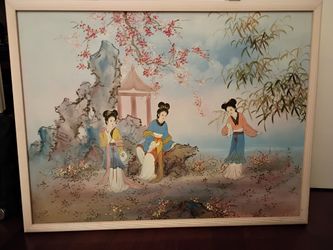 Large Oriental Painting Vtg Vintage Signed