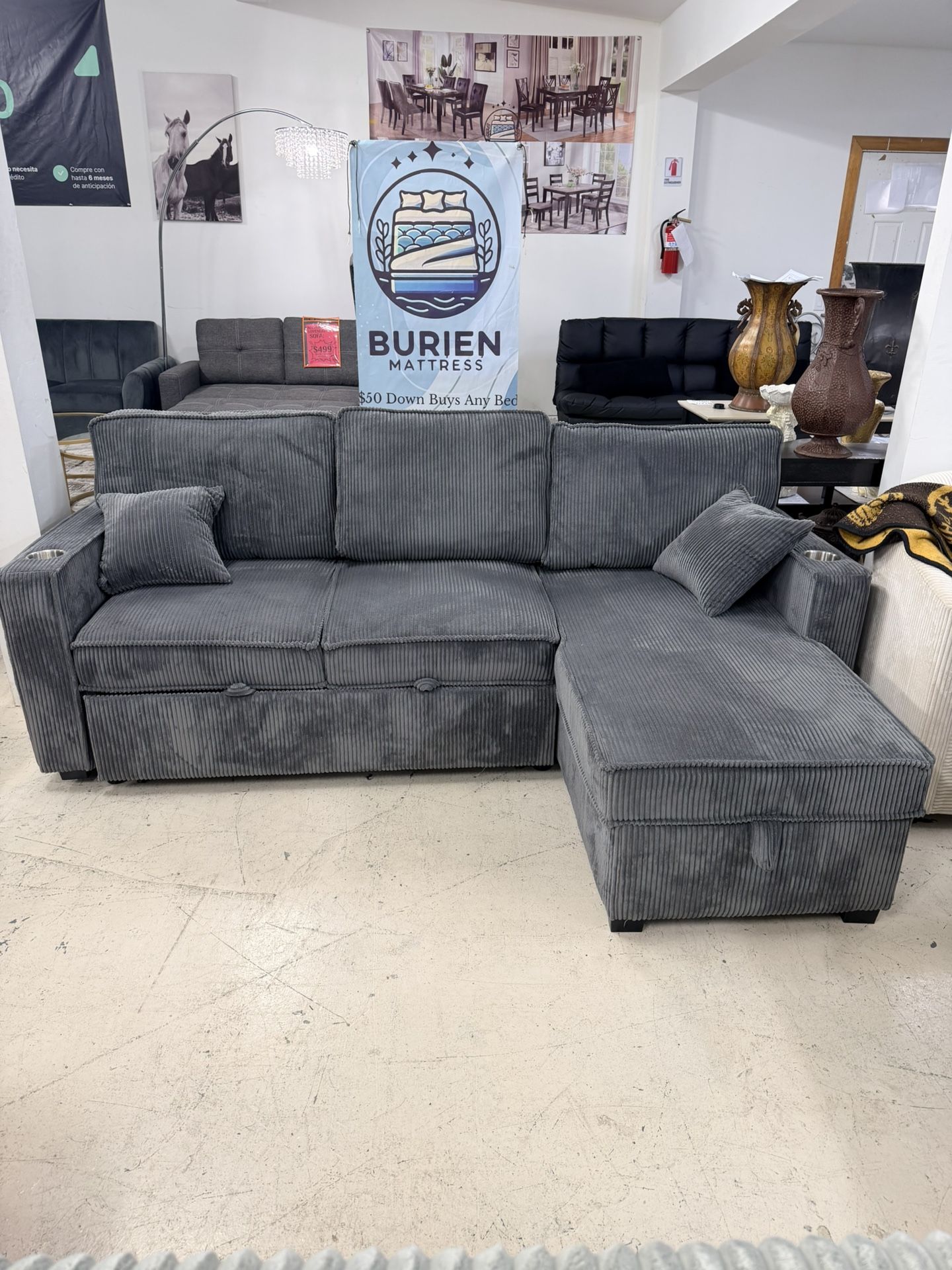 Cozy Gray Chaise Sectional with Hidden Storage + Cup Holders