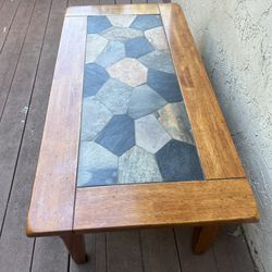 1990’s Vintage Stone Tile Coffee Table With Wooden Frame 