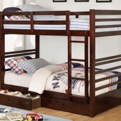 Espresso Twin Bunk Bed Frame W/ 2 Drawers Brand New In Box 