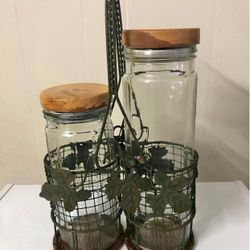 2 Glass Canisters with Green Metal Holder