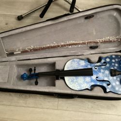 Snowflake White Glitter Violin Outfit - 4/4 - Pearl Fine Tuners - Crystal Detail - Frozen Violin For Kids - Blue Finish