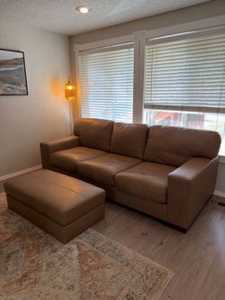 Tan Leather Sofa with Ottoman