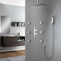 KS #071002 16" Square Ceiling-Mount Shower Head & 6 Body Sprays & Wall Mounted Handshower System