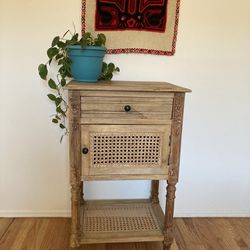 Wood And Rattan Side Table With Drawer And Storage 