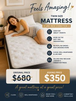 Twin Size Mattress – Originally $680 – Very Good Condition – Like New – No Pets, No Smoker