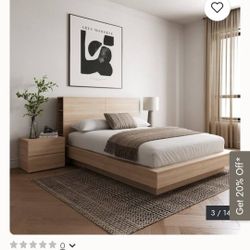 Modern queen-size Bedroom Set – Bed Frame + Headboard + 2 Nightstands + Mattress