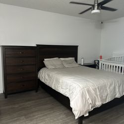 Queen-size bed frame, mattress, and furniture!