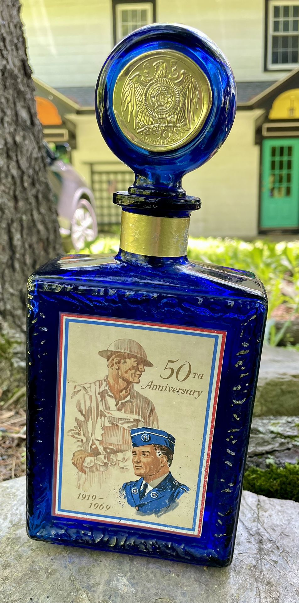 Vtg 1969American Legion 50th J. W. Dant Whiskey Bottle/Decanter Cobalt Blue