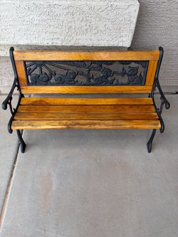 Small, Child size, Iron and Wood Garden Bench with Dog and Cat Motif: (read description for size)