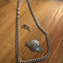 Men’s Sterling Silver Chain And Pendants. Dollar Bag Is Gold