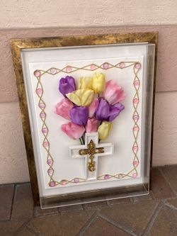 Amazing Grace Cross with Silk Tulips Encased In Lucite Frame, 20 by 26 inch high