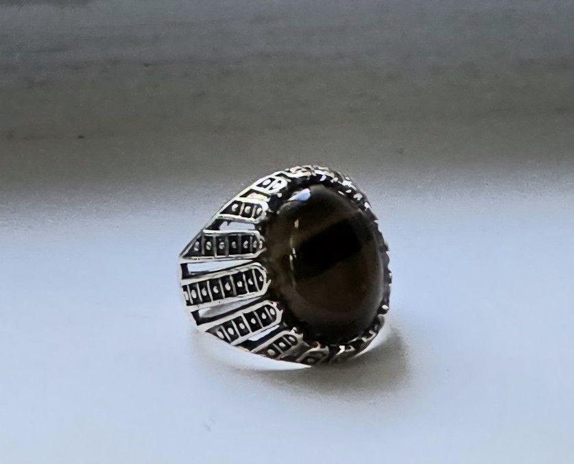 BEZEL SET POLISHED TIGER EYE TITANIUM QUALITY SILVER MENS NEW SIZE 10 RING