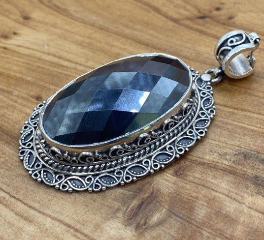 Hematite Pendant, Sterling Silver, Vintage Pendant, Black Stone, Ornate Silver Big Stone Jewelry Chain Necklace