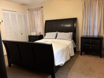 Queen sleigh bed frame and side cabinets