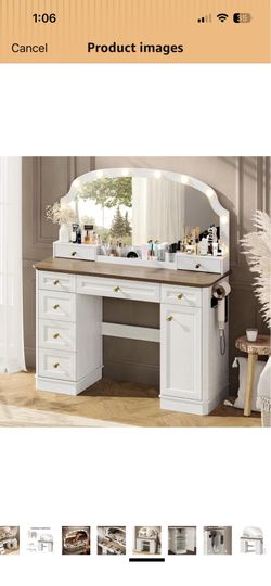 Farmhouse Makeup Vanity Desk with Mirror and Lights, 47'' Vanity Table with 8 Storage Drawers 1 Cabinet & 2 Organizer Trays, Large Dressing Table with