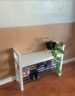 IKEA WOOD BENCH WITH SHOE STARAGE.